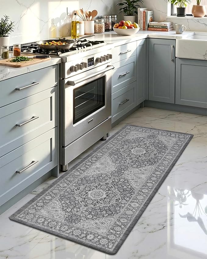Color&Geometry Anti Fatigue Kitchen Mats for Floor 24x59, Vintage Decor, Easy Clean, Waterproof & Oil Proof, 0.4" Thick Cushioned, Non-Slip Kitchen Runner Rug for Sink, Laundry, Office, Grey