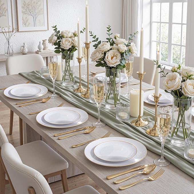 KIRE 200PCS Gold Plastic Plates - Disposable Plates for Party - White Plastic Plates with Gold Rim Include 100 for Dinner and 100 for Dessert/Salad in Wedding/Valentine's Day/New Year