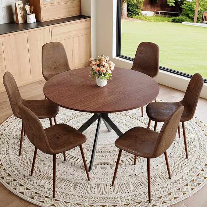Round Dining Table Set for 6｜42"-54" Extendable Dining Room Table Set｜Wooden Kitchen Table with 6 Chairs｜Mid Century Modern Dinner Table Set with Cross Legs｜Easy Assembly｜Space Saving