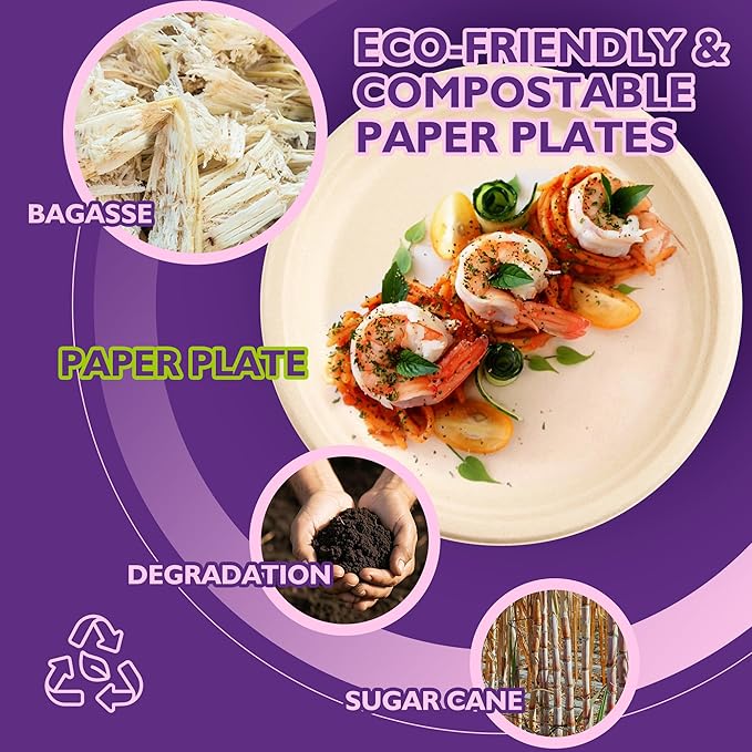 10 Inch, 150 Pack Compostable Paper Plates Round Unbleached Brown Plates Made from Natural Sugarcane Fibers, Biodegradable Heavy Duty Disposable Plates for Party, Camping, Picnic