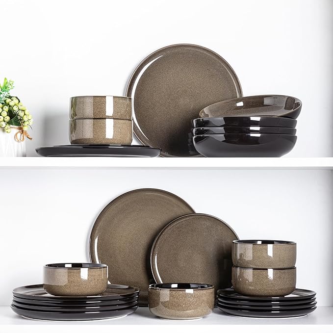 LeRatio Ceramic Dinnerware Sets for 4,12-Piece Plates and Bowls,Handmade Reactive Glaze Dishes Set, Scratch Resistant | Oven&Dishwasher & Microwave Safe,Service for 4（12pcs),Modern-Chestnut