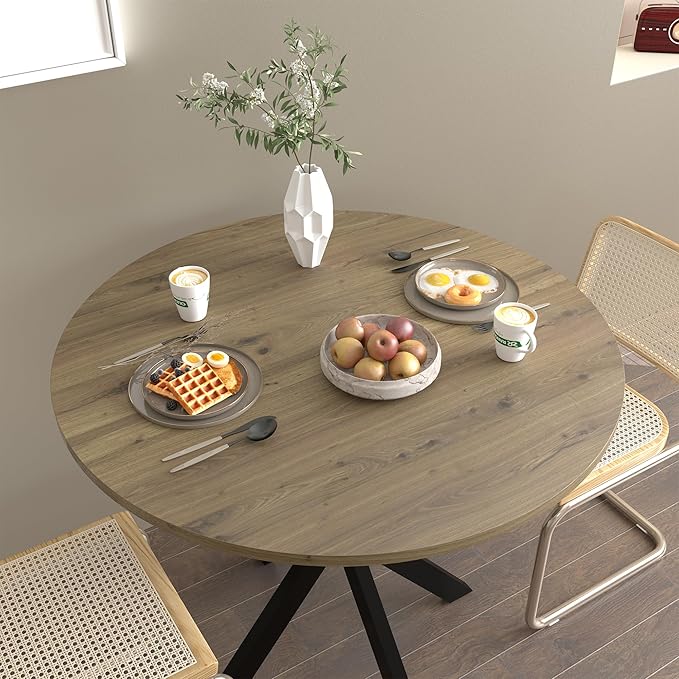 31.5" Small Round Dining Table for 2-4 People, Space Saving Circle Kitchen Dinner Table, Stable X-Legs Dining Room Desk for Kitchen, Apartment, Natural Oak
