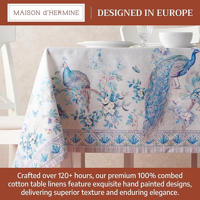 Maison d' Hermine Premium Table Cloth Rectangle Table 100% Combed Cotton 90 x 70 Inches Tablecloth Reusable Decorative for Dining Room, Farmhouse, Party, Festive & Wedding - Peacock Utopia - Orginal