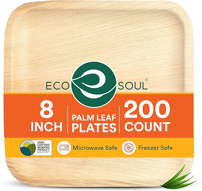 ECO SOUL Palm Leaf Plates 8"(200 Count) Square Compostable Bamboo Plates Heavy- Duty, Biodegradable Eco-Friendly Dinnerware for Party Dinner, Wedding, Holiday & Event