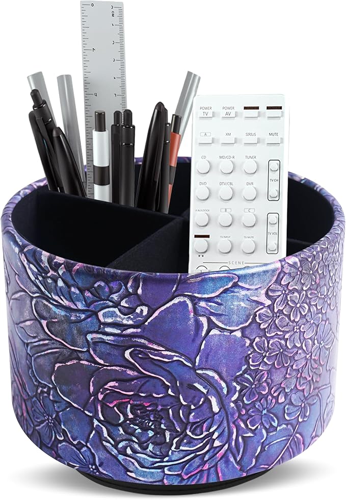 Round Leather Art Supply Organizer,Remote Control Holder,360 Degree Spinning,Multi-Functional Pencil Holder,4 Compartments Desktop Stationary Organizer(1-Rich Flower Purple)