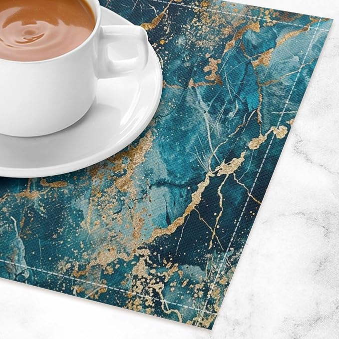 Marble Linen Placemats Set of 4, 12x17 Inch Abstract Modern Foil Stone Texture Blue Gold Marble Table Mats Washable Fabric Place for Party Kitchen Wedding Dining Banquets Decor