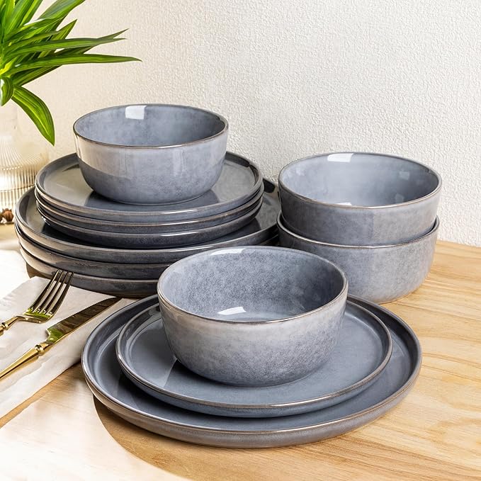 AmorArc Stoneware Dinnerware Sets,Round Reactive Glaze Ceramic Plates and Bowls Set,Highly Chip and Crack Resistant | Dishwasher & Microwave Safe Dishes,Service for 4 (12pc)
