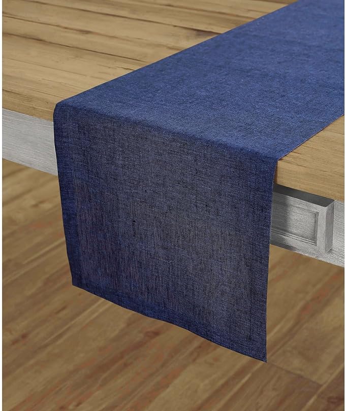 Solino Home Linen Short Table Runner 36 Inches - Athena, 100% Pure Linen Chambray Navy Table Runner 14 x 36 Inch Ideal for Dresser and Coffee Tables - Winter, Spring