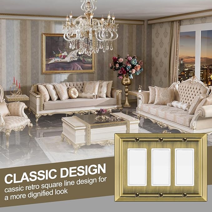 Metal Wall Plate for Electrical Outlets, Decorative Antique Brass Switch Plates Outlet Cover, Light Switch Cover Plate, 3-Gang Wall Plates (Triple Decoretor, 1 Pack)