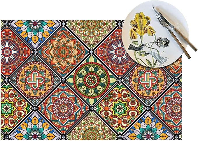 Mandala Colorful Placemats Set of 4 Linen 12"x18" Retro Place Mats Washable Heat-Resistant Boho Kitchen Table Mats for Dining Outdoor Home Decor