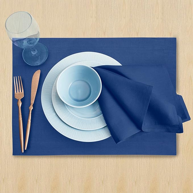 Solino Home Linen Placemats Set of 4 - Indigo Blue Placemats 14 x 19 Inch - 100% Pure Linen Table Place Mats for Winter - Fete