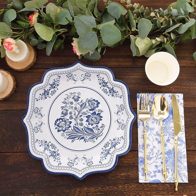50 Pack 10" Light Blue French Toile Dinner Plates, Disposable Round Paper Party Plates 300 GSM for Festive Table Decoration