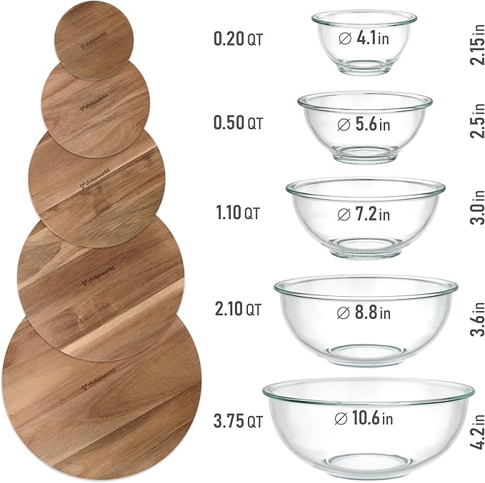Set of 5 Nesting Glass Bowls with New Updated Acacia Lids for Foodprep, Storage, Mixing & Cooking - Microwave & Oven-ready BPA Free Durable Heat Resistant Inert Borosilicate Glass