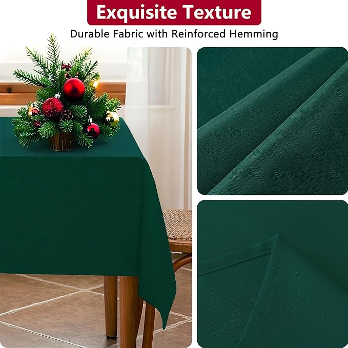 Winter Green Textured Fabric Rectangle Tablecloth, Faux Linen Water Resistant Table Cloth for 6 Foot Rectangular Table Washable for Dinig Party Holiday Decoration 60 x 84 Inch