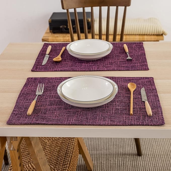 Kevin Textile Burlap Linen Placemats Set of 4 Heat Resistant Dining Table Place Mats Washable Kitchen Table Mats, 13 x19 inches, Red Purple