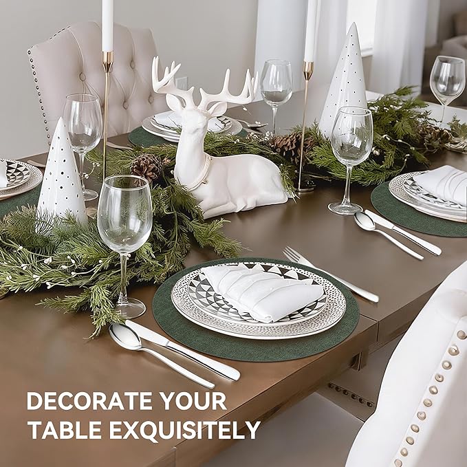 13" Round Placemats Set of 12, Reversible Faux Leather Heat Resistant Table Mats, 100% Waterproof Oilproof Wipeable Table Protective Placemats for Vinyl, Washable for Indoor (12, Dark Green)