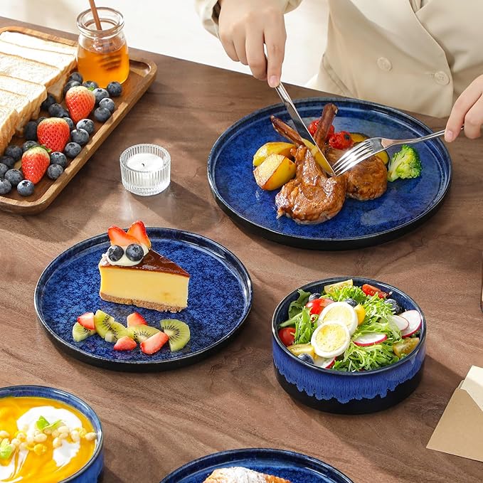 vancasso Plates and Bowls Sets for 6, 18 Pieces Blue Dinnerware Sets for Kitchen, Modern Stoneware Dishes Set, Dishwasher and Microwave Safe, Series Starry