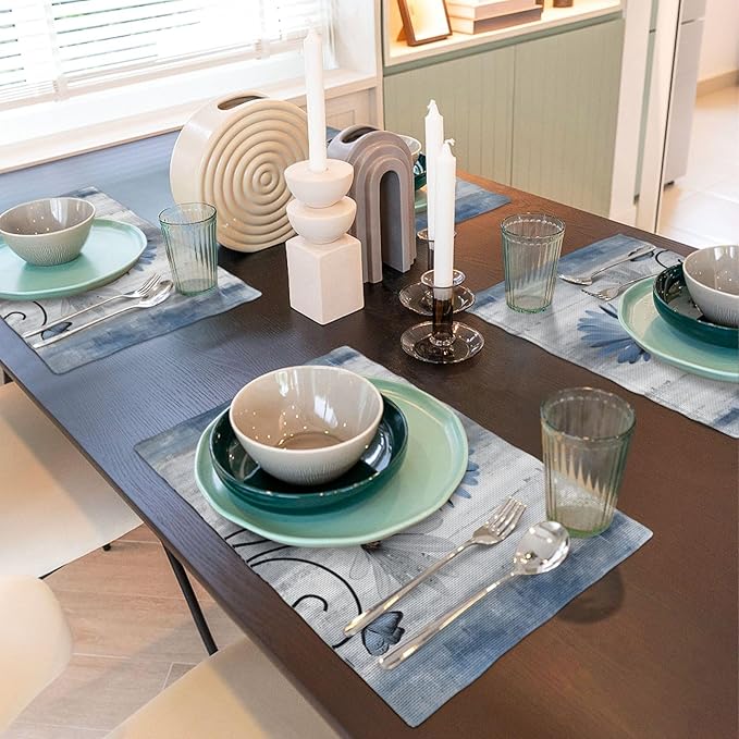 Floral Placemats Set of 4, 12x18 Inch Blue Daisy Flower Table Mats Rectangle Vintage Flowers Holiday Decorative Table Placemats for Party Home Kitchen Dining Table Indoor Outdoor Decoration