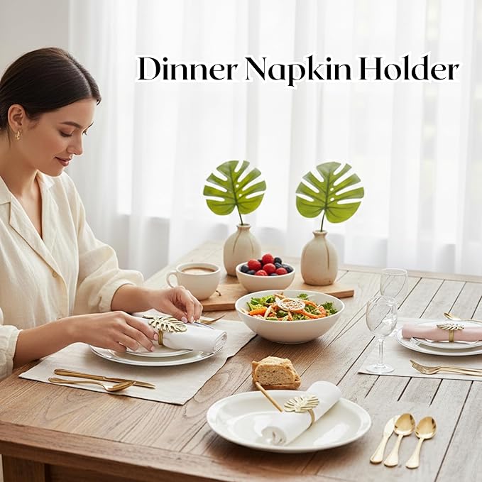 Napkin Rings Set of 12 Metal Napkin Holder Cuffs for Dinner Table Décor Monstera Leaf Farmhouse Modern Serviette Rings for Weddings, Parties, Receptions, Daily Use (Antique Gold) - ALPHA Living HOME