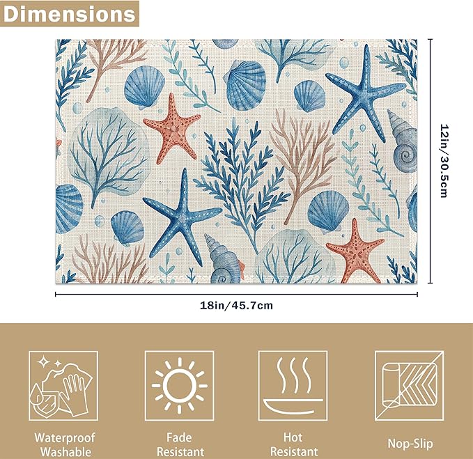 Watercolor Coral Starfish Shell Placemats Set of 6, Washable Table Mats for Kitchen Dining Table, Linen Place Mats for Party Holiday Decoration, Teal Ocean Retro