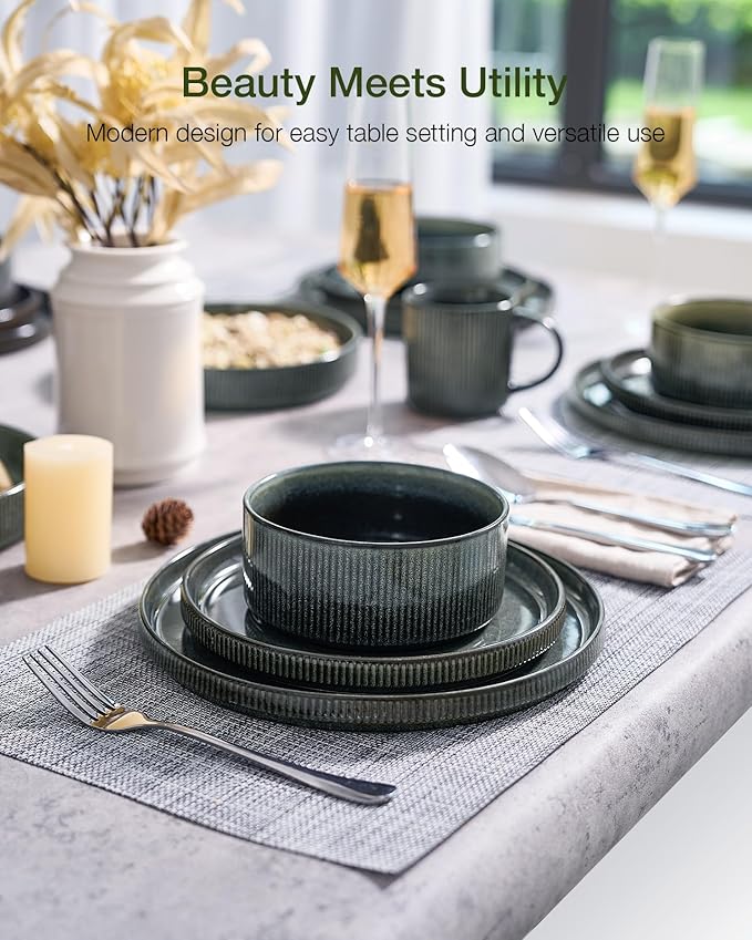 Famiware Star Stoneware Dinnerware Sets for 4 (16pcs), Chip and Scratch Resistant, Microwave & Dishwasher Safe Complete Dishes, Pasta Bowl, Cereal Bowl, Dinner Plate, Salad Plate, Ribbed, Deep Forest