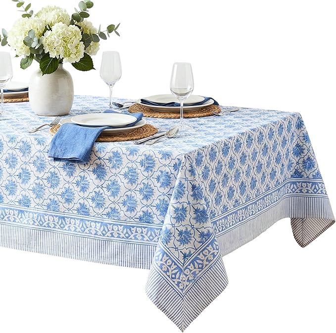 ATOSII Padma Blue 100% Cotton Rectangle Summer Tablecloth, Indian Block Print Floral Table Cloth I Dining Parties Weddings Outdoors Holidays 60 X 108 Inches, 8 Seater I Grandmillennial Farmhouse Boho