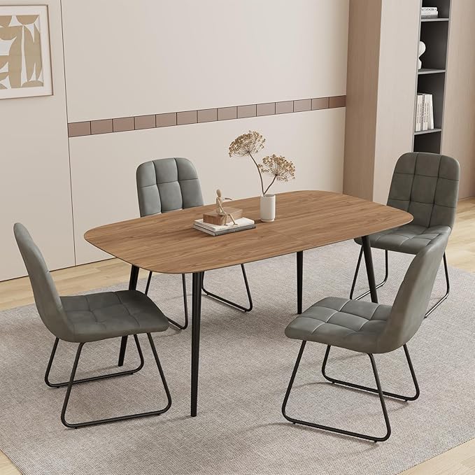 55.1'' Dining Table Set for 4,Modern Wood Dining Table,Leather Dining Chairs 4,Table and Chairs Set of 4,Ideal for Kitchen Dining Room (Walnut Color Table + 4 U-Shaped Gray Chairs, 55.1")