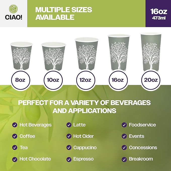 CIAO! 16oz Paper Hot Cup, Rooted Olive Print, (Case of 1,000)