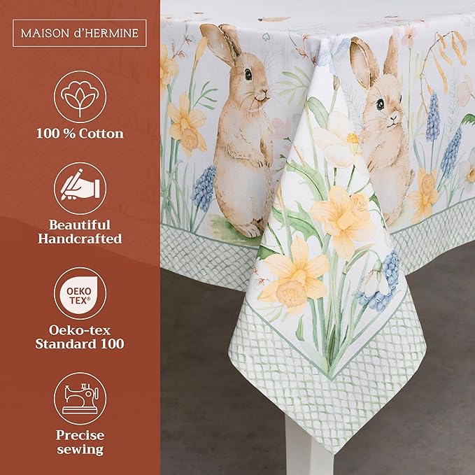 Maison d' Hermine Table Cloth Rectangle Table 100% Cotton 60 x 90 Inches Tablecloth Reusable Decorative for Dining Room Farmhouse Home Valentines Day Decorations Spring Summer - Easter Dew
