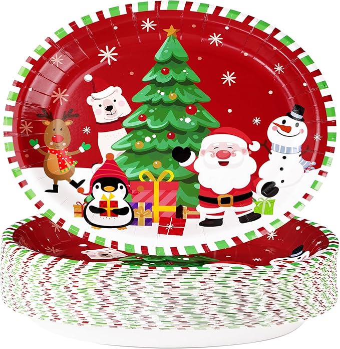 50Pcs Christmas Oval Paper Plates 10" x 12" Large Disposable 400 GSM Heavy Duty Cartoon Penguin Reindeer Snowman Dessert Plates Merry Christmas Birthday Decorations for Festive Xmas Party Supplies