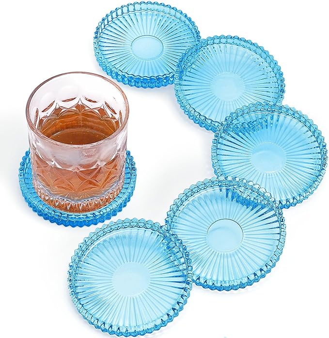 Modern Glass Coasters, GOH DODD Set of 6 Crystal Coasters Tabletop Protection for Drinks, Home Decor, Kitchen, Living Room, Patio, Wedding, Party, Housewarming Gifts, Clear Blue