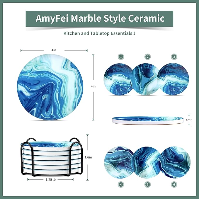 Ceramic Marble Coasters, 6 Sets of Round Tea Coasters with Holder on Dark Blue White, Durable Cup Coaster for Coffee for Table Protection, Beer Coasters set for Kinds of Mugs and Cups(4 Inches)
