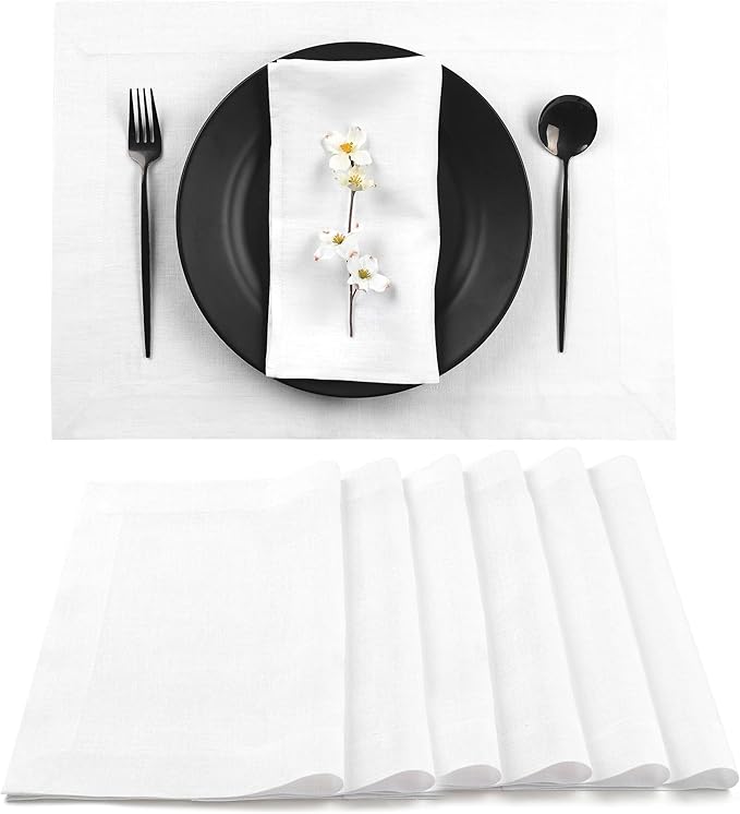 D'Moksha Homes Linen White Placemats Set of 6-100% Pure Linen Placemats 14 x 19 Inch for Valentines, Spring, Easter - Handcrafted and Machine Washable
