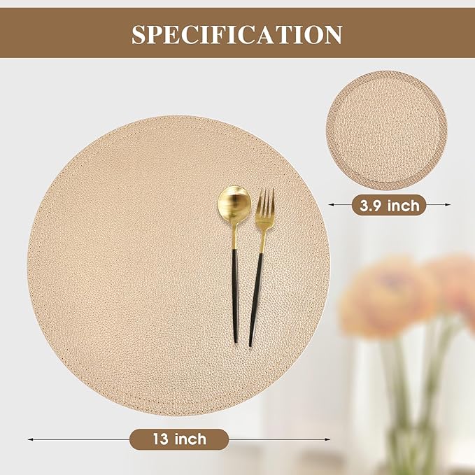 Set of 4 Faux Leather Gold Round Placemats and Coasters, Coffee Mats Kitchen Table Mats, Waterproof, Easy to Clean for Kitchen Dining Round Table