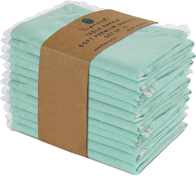 Fingercraft Dinner Cloth Napkin Cotton Linen Blend 12 Pack Mitered Corners with Elegant Lace for Everyday Use Napkins are Pre Shrunk and Good Absorbency (Aqua, 12in x 12in)