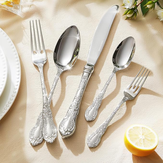 KINGSTONE Vintage Carved Silverware Set, 10-Piece 18/10 Stainless Steel Flatware Cutlery Set with Retro Royal Thick Handle, Tableware Utensils for Home, Restaurant, party, Wedding, Dishwasher Safe