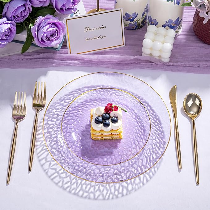 Rubtlamp 100Pcs Purple Gold Plastic Dessert Plates, 7" Purple Disposable Appetizer Plates With Gold Rim, Heavy-duty Party Salad Plates, Hammered Plastic Clear Dessert Plates for Wedding