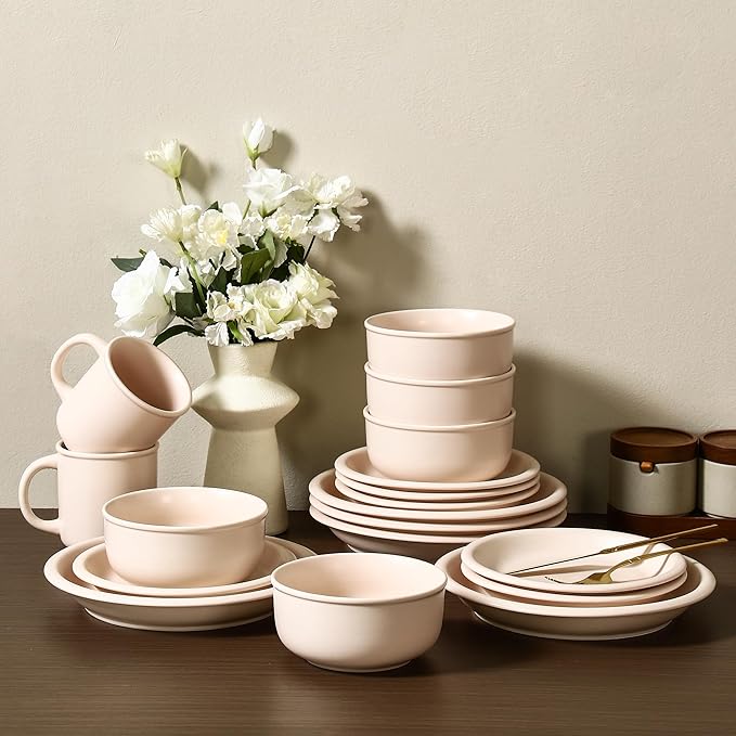 GZG Vintage Series - Ceramic Dinnerware Set for 2, 6 Pieces Stoneware Plates and Bowls Set, Lead-Free, Handcrafted Dishes Set, Microwave & Dishwasher Safe - Cream White