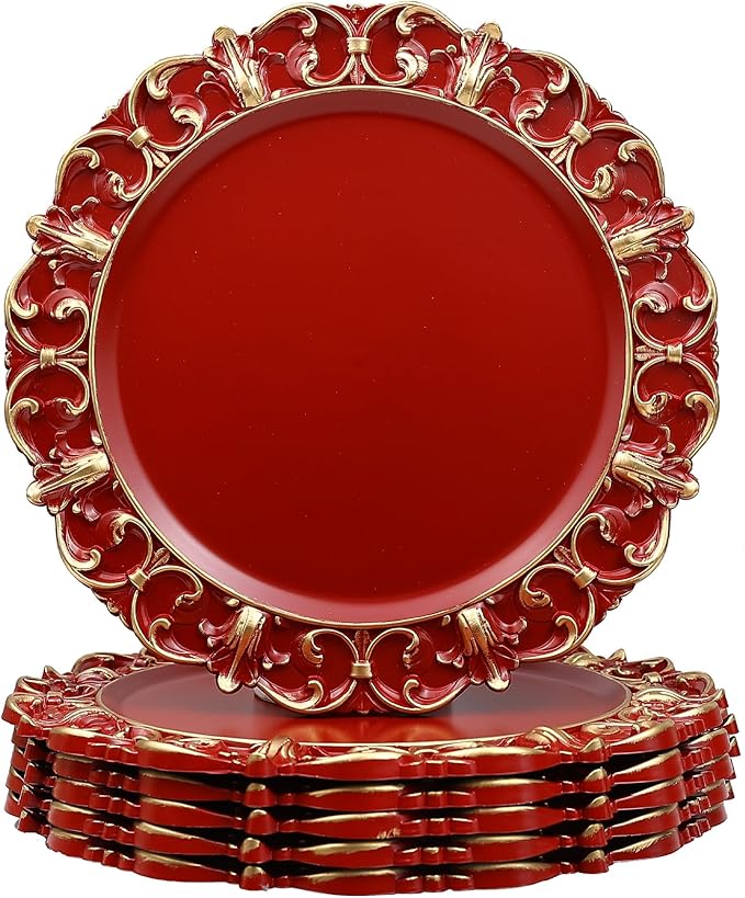 Red Charger Plates Set of 6, Decorative Table Plastic Chargers for Dinner Plates, Party, Wedding, Thanksgiving, Christmas, FD51R