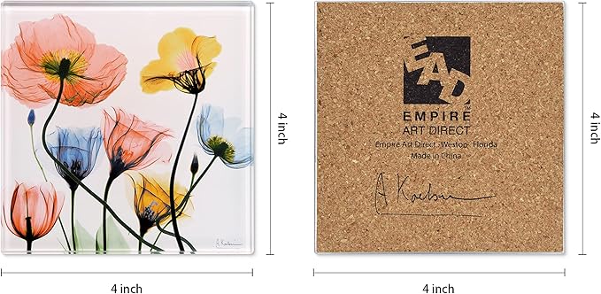 Empire Art Direct 12 PCS Flower Coasters for Drinks, Cup Coaster for Tabletop Protection, Coffee Table Coaster Set, Glass Floral Coasters Set with Cork Bottom by Albert Koetsier B3