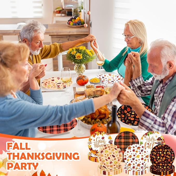 Umigy 120 Pcs Thanksgiving Paper Plates 7 Inch Hello Fall Dessert Plates, Fall Mable Leaves Dinner Disposable Tableware Harvest Party Dessert Tableware for Give Thanks Theme Autumn Thanksgiving Party