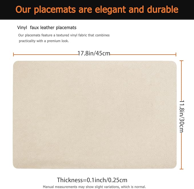 Vinyl Placemats Set of 8 Faux Leather 100% Waterproof Wipeable Washable Place Mats Heat Resistant Easy Clean Non-Slip Table Mats for Indoor Outdoor. (8,Beige)