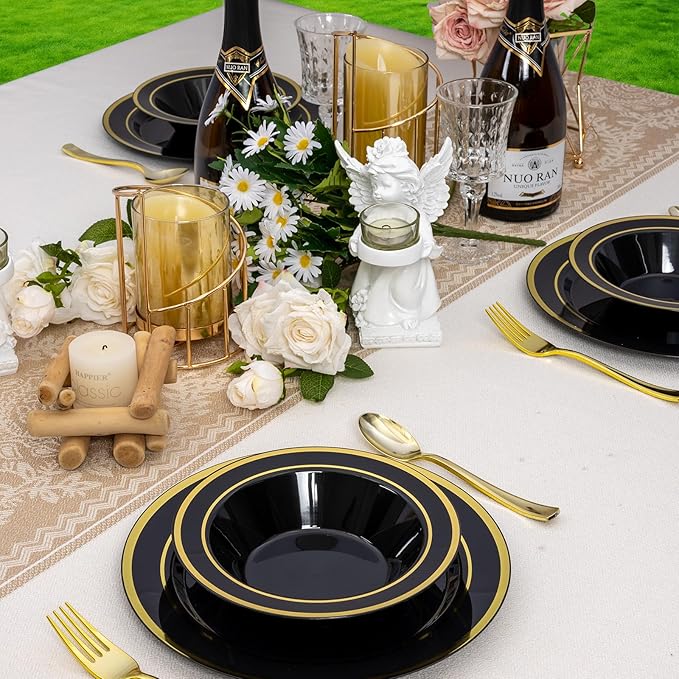 100 Pack Black Disposable Soup Bowls with Gold Rim,12oz Disposable Soup Bowls,Disposable Soup Dessert Salad Bowls for Wedding/Party/Catered Events