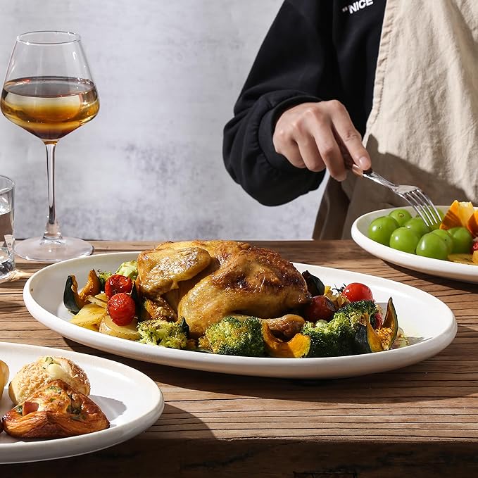 Ceramic Large Serving Platters- Set of 3 Oval Platters for Entertaining. Kitchen Dishes for Dinner, Fruit, Salad, Turkey, etc. Oven, Dishwasher Safe, 15.75"/13.75"/12",Mixed White