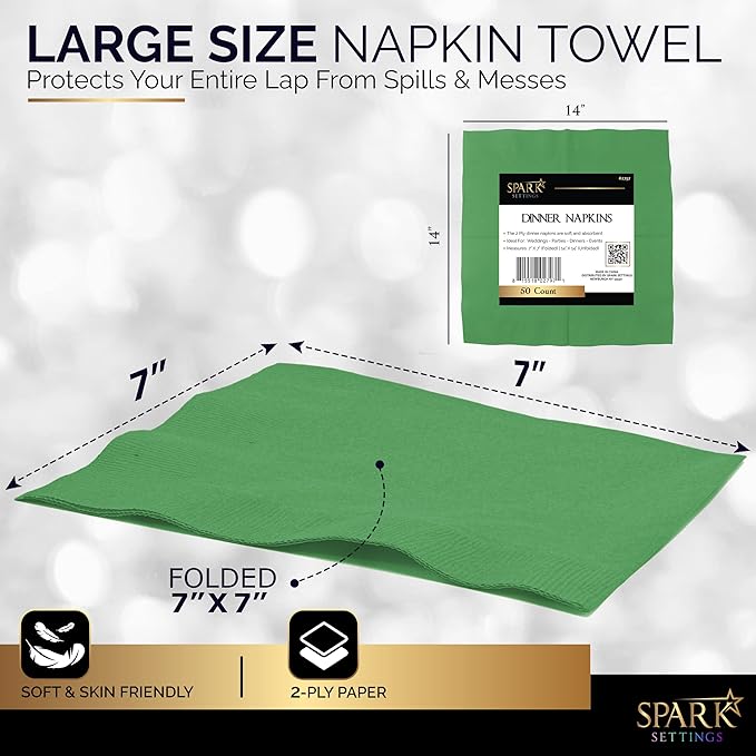 Big Party Pack 40 Count Green Dinner Napkins Tableware- Ideal for Wedding, Party, Birthday, Dinner, Lunch, Cocktails. (7” x 7”)