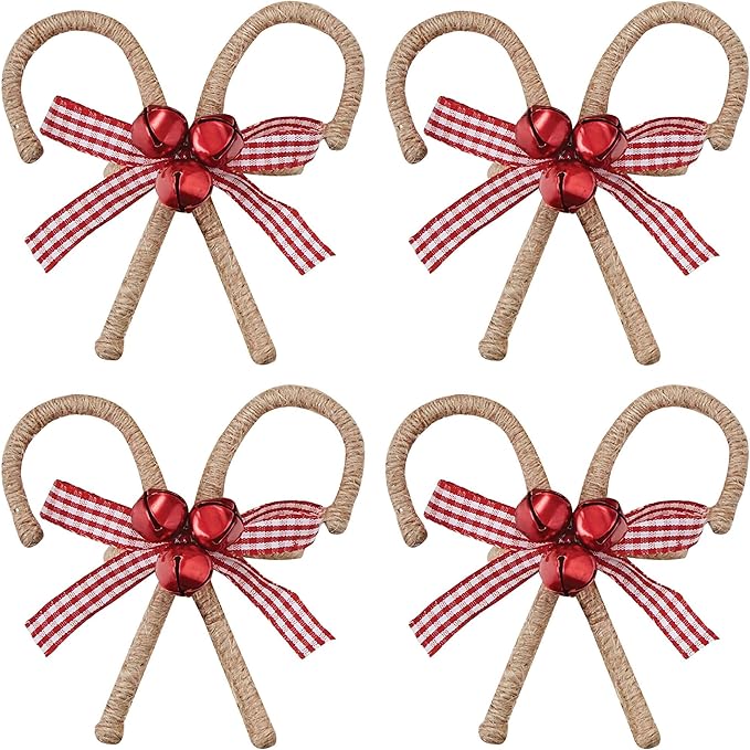 Park Designs Candy Cane Napkin Ring Set of 4 | Rustic Burlap Holiday Napkin Holders with Red Gingham Bow & Festive Bells | 3" H x 3.25" W x 2.5" D | Farmhouse Christmas Table Decor