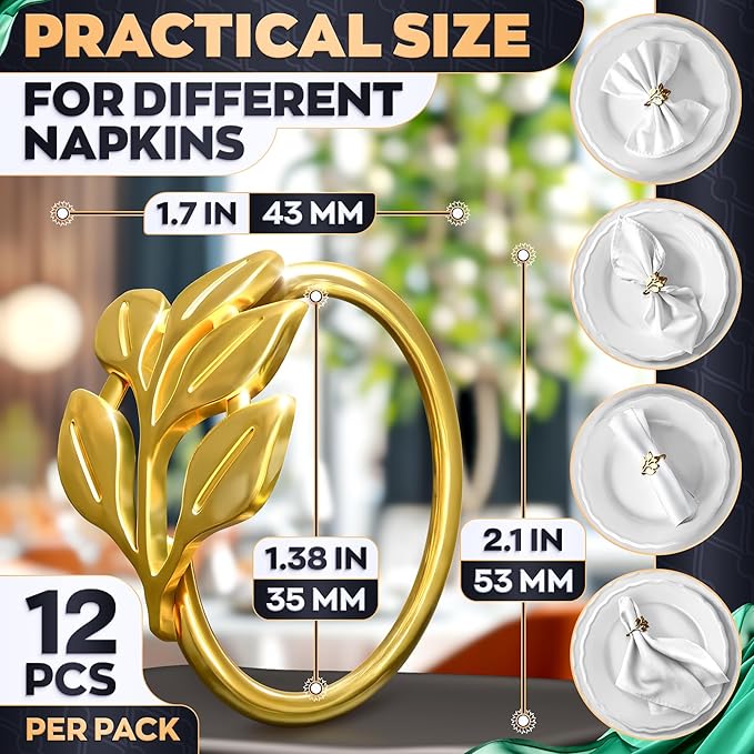 Valentine Gold Napkin Rings Set of 12 - Gold Leaf Napkin Rings Set | Elegant Design Napkin Ring Holders for Valentine Table Decorations, Festive Dinners & Special Occasions, Kitchen Gifts for Hosts