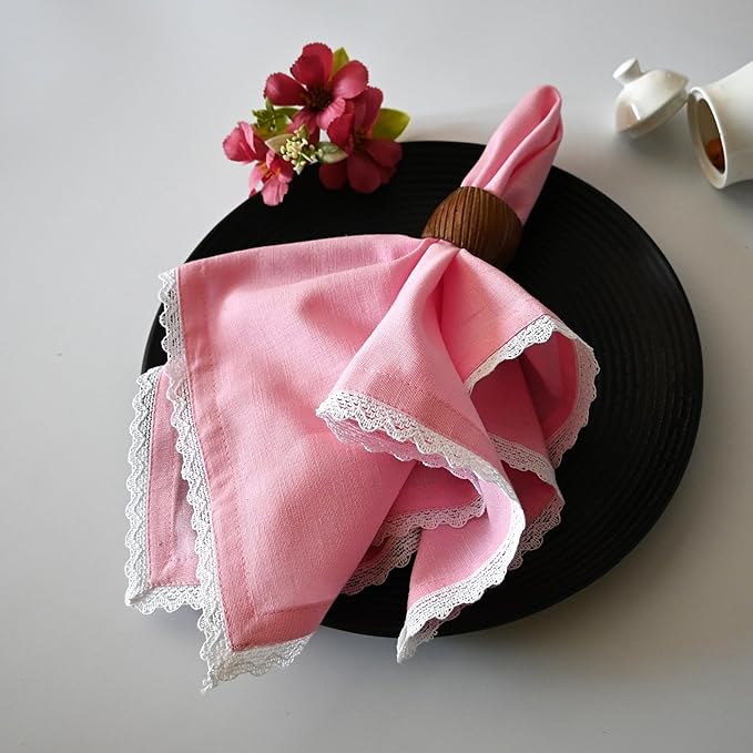 Fingercraft Dinner Cloth Napkin Cotton Linen Blend 12 Pack 12In Mitered Corners with Elegant Lace for Everyday Use Napkins Cloth are Pre Shrunk and Good Absorbency Pastel Rose