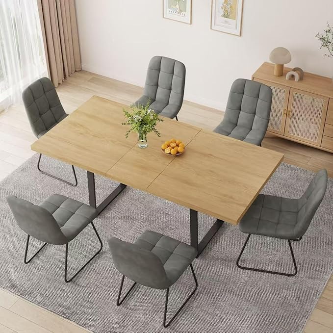 ZckyCine 67" Expandable Oak Dining Table Set – Modern 7-Piece Dining Room Furniture Set with 6 Padded Chairs, Space-Saving Luxury Design, Easy to Assemble, Ideal for Home, Apartment, or Restaurant