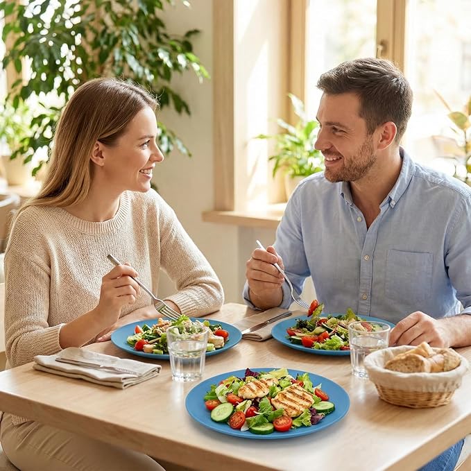 10 inch Wheat Straw Plates, Unbreakable Flat Dinner Plate Set of 8, BPA Free Dishwasher & Microwave Safe Reusable Salad Camping for Kids Kitchen (4 Color)